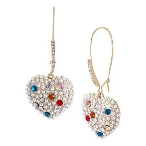 Betsey Johnson Pearl Heart Dangle Earrings Multicolor Crystal Gold NWT